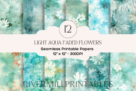 Faded Aqua Flowers Digital Paper Pack