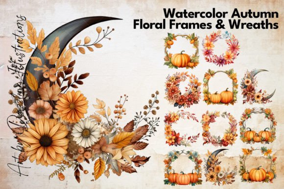 Watercolor Autumn Floral Frames Wreaths