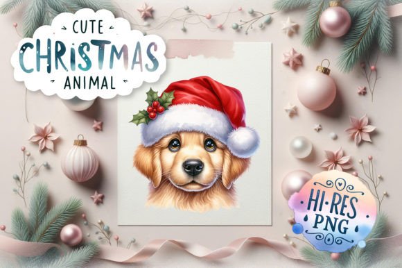 Watercolor Golden Retriever Santa Art